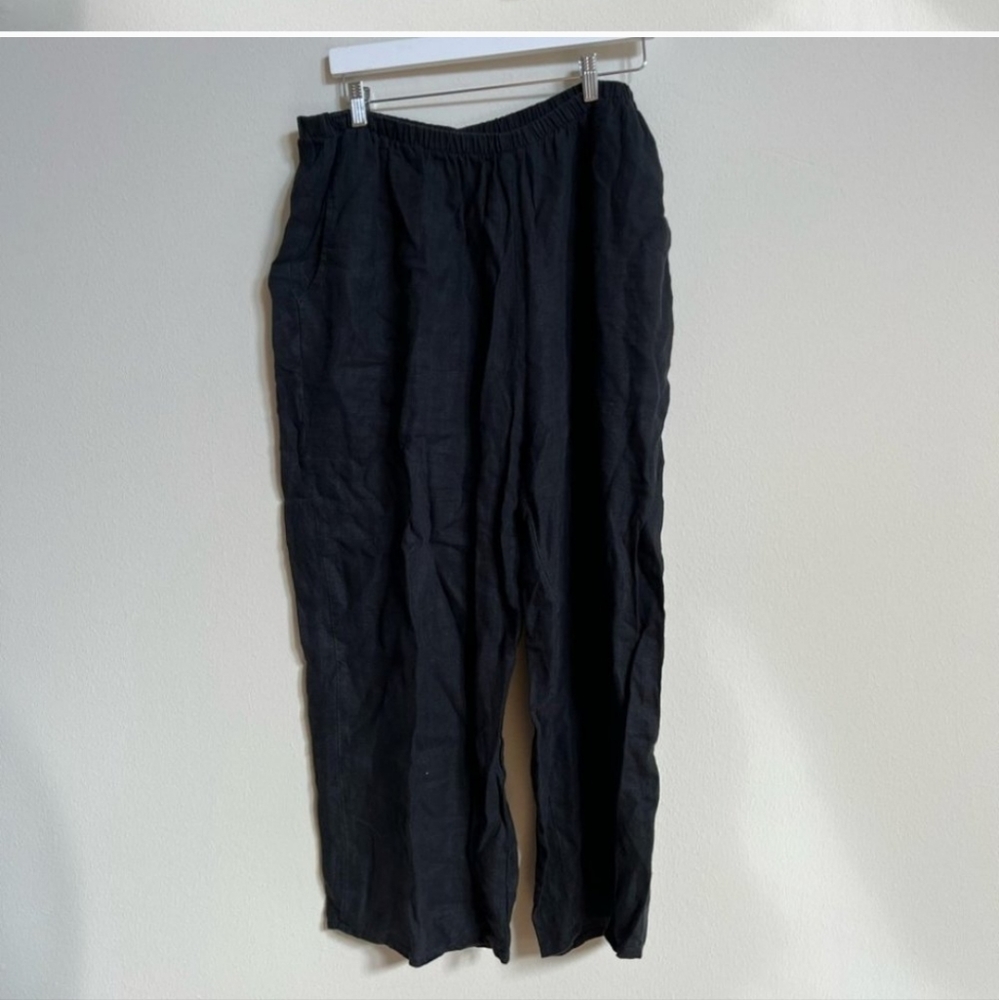 FLAX Womens 100% Linen Pull On Lagenlook Crop Pants Size Large Black Gray